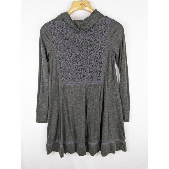 Saturday Sunday Anthro Tunic Dress Green Crochet Detail XS Cowl Neck Flared - Picture 8 of 10